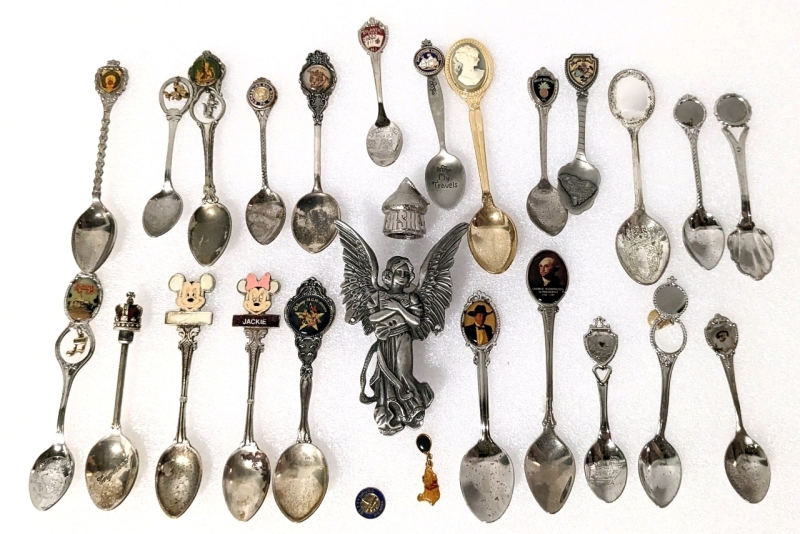 Vintage Souvenir Spoon Collection with Pewter Angel.