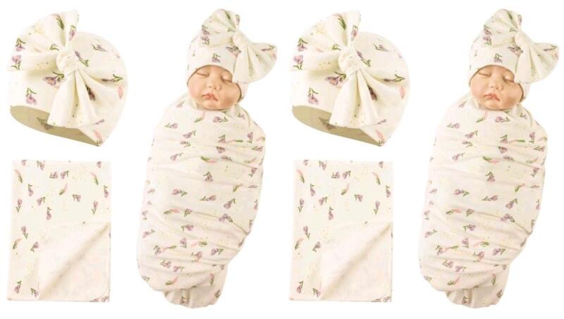 2 New 0-12 Months Bamery Newborn Baby Girl Hospital Hat & Towel Sets, Cotton Baby Beanie Hat & Towel / Wrap