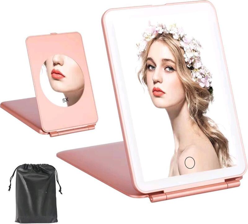 New LED Travel Mirror with 5x Magnification, Folding Lighted Makeup Mirror 3 Colors Light Modes, Rechargeable Portable Ultra Thin Compact Vanity Mirror