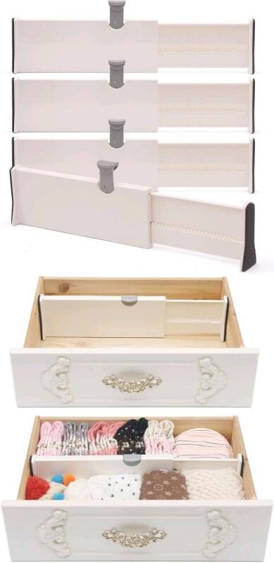 New 4 Pack Adjustable Dresser Drawer Dividers Organizers, 11" - 17" Plastic Expandable Drawer Organization Separators for Kitchen, Bedroom, Closet, Bathroom and Office Drawers