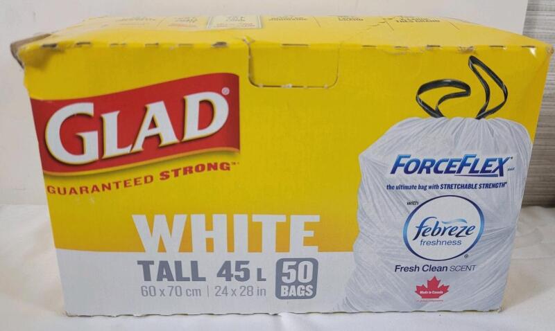 New - Glad 45L Tall ForceFlex White Garbage Bags w/Febreze Fresh Xlean Scent , 50 Bags