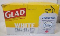 New - Glad 45L Tall ForceFlex White Garbage Bags w/Febreze Fresh Xlean Scent , 50 Bags