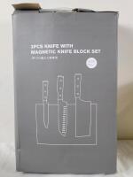 New - 3pc. Professional Chef Knife Set w/Magnetic Knife Block .