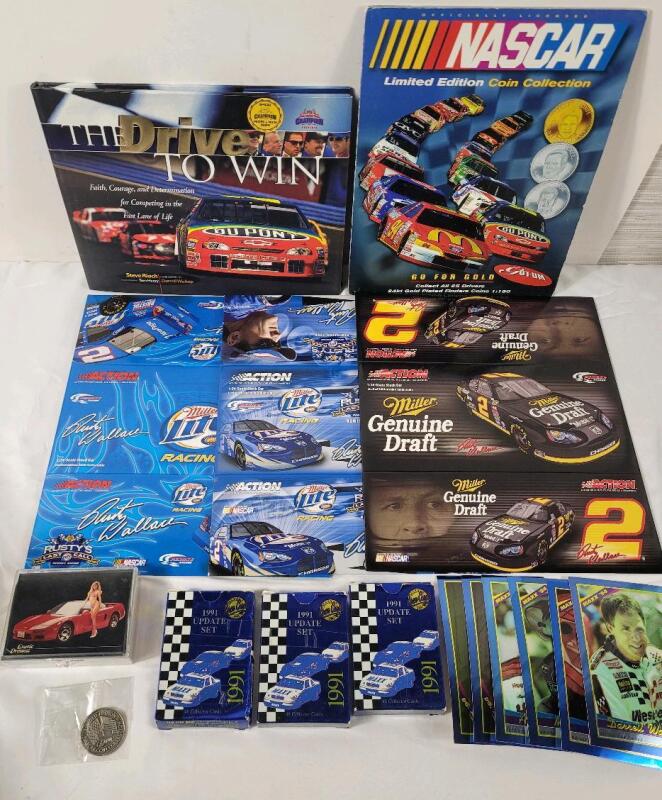 NASCAR Sports Memorabilia Lot . Coin , Trading Cards Book , Diecast Boxes
