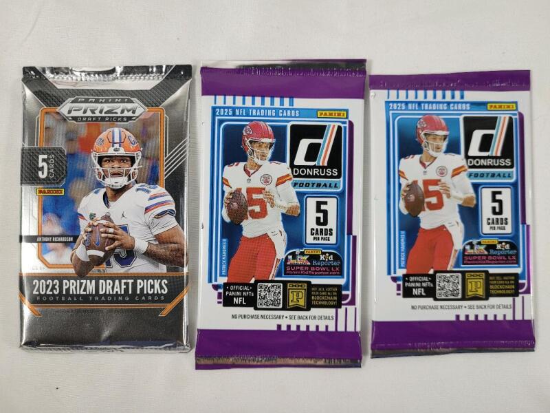 2023 Panini Prizm Draft Picks NFL Football Sealed Trading Card Wax Pack & 2025 Panini Donruss NFL Football Sealed Trading Card Wax Packs &times;2 . Three (3) Sealed Packs