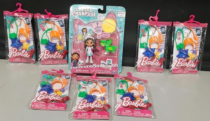 7 New Barbie Accessory Bags & Gabby's Dollhouse Figure Set