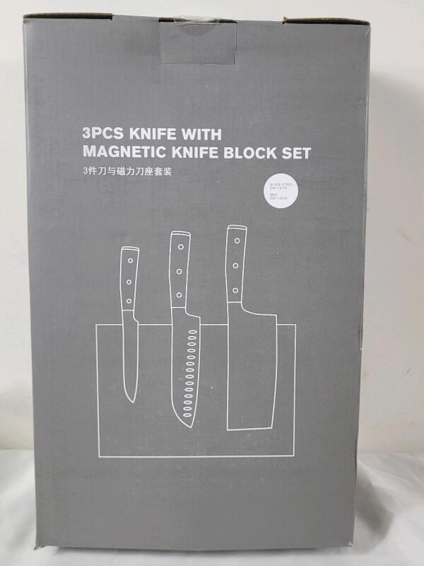 New - 3pc. Professional Chef Knife Set w/Magnetic Knife Block .