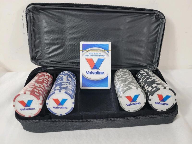 Valvoline Poker Chips & Playing Cards Set . Chips and Cards Sealed . Zipper on case broken