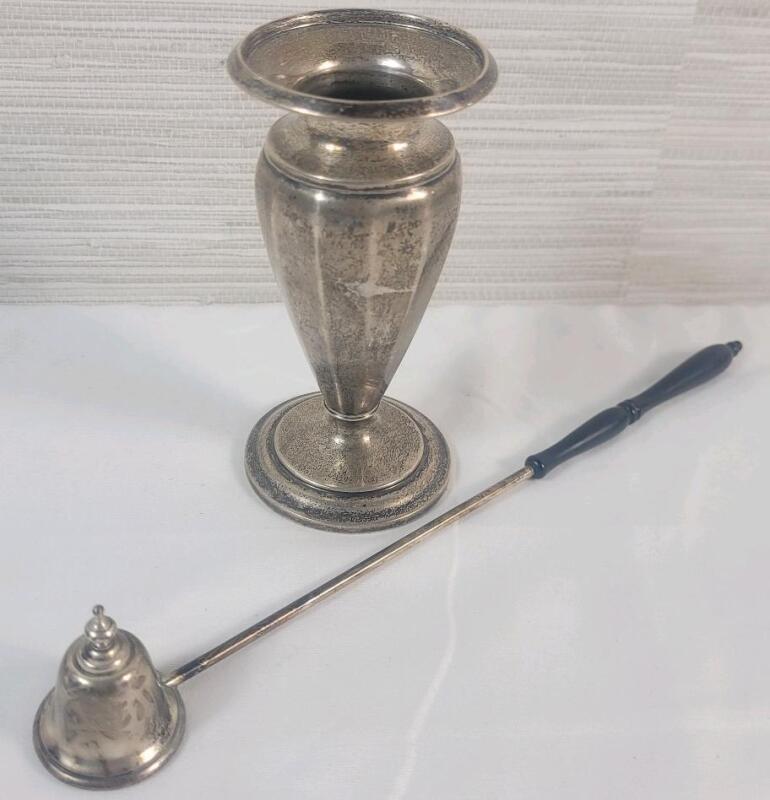 Vintage Sterling Silver Ryrie Bros. 4 ⅝" Tall Vase & Sterling Silver Candle Snuffer - 9.5" Long
