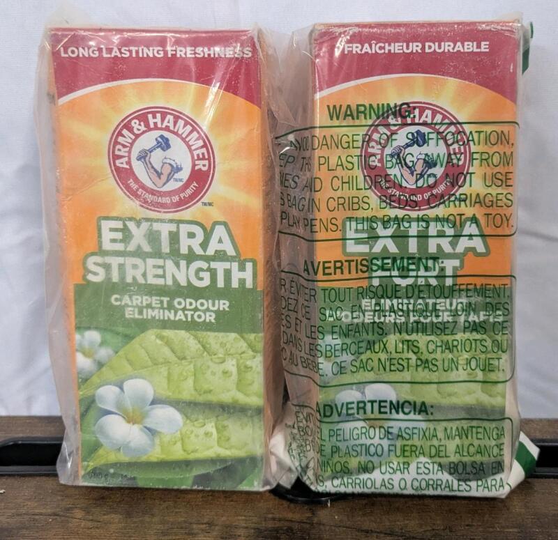 2 New: Arm & Hammer Extra Strength Carpet Odour Eliminator - Both Boxes Have Damage - Contents Appear Full - 700g Each