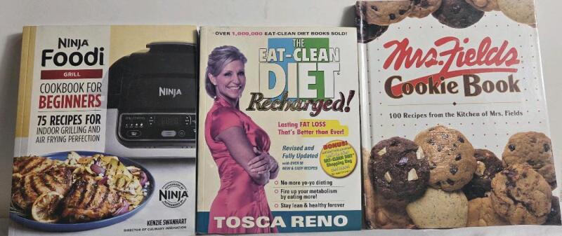 3 Cooking Books Lot The Eat Clean Diet, Mrs Fields Cookie Book, & Ninja Foodie