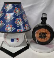 2 Neat 16" Baseball NBL & 10" Hockey NHL Table Lamps - Working