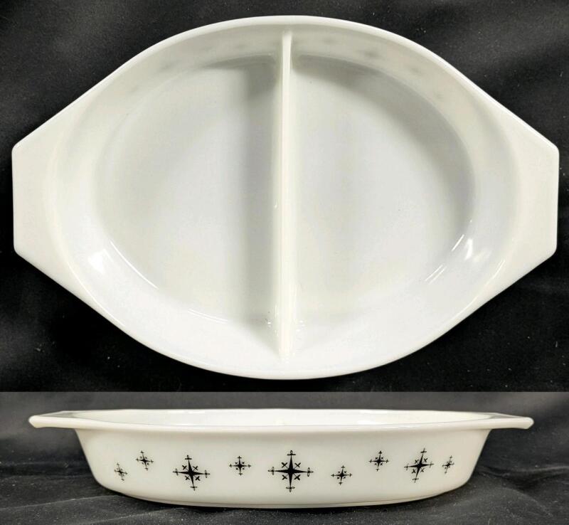 Vintage 1950s PYREX 1.5 Quart Compass Black Star Divided White and Black Casserole Dish Black Star Number 18, 12 5" &times; 8.5" &times; 2" High