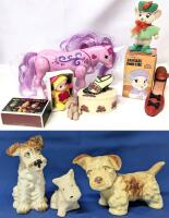 Vintage to Modern Toys & Treasures: 3 Porcelain Terrier Figures, Powered "Dancing" Unicorn Toy, Disney's Rescuers Down Under Miss Bianca Ornament, Resin Shoe & Trinket Box, Mini Bean Doll No. 888 & Tiny Teddy Bear