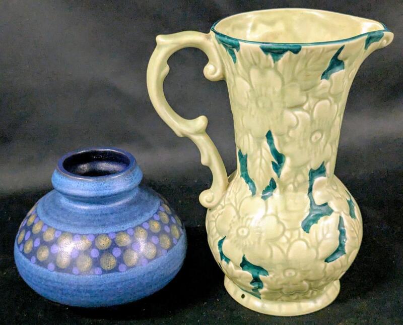 Vintage T.F. & S Ltd Phoenix Jug Vase 8" & Unsigned German Viola-Style Ceramic Vase 4.25", No Chips or Cracks
