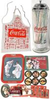 Vintage to Modern COCA-COLA: 1984 "Coke is it!" Canvas Apron (Never Washed), 1992 Diner-Style Glass Bar Straw Holder, '97 Fountain Service Coaster Holder + 12 Coasters, Tin Coasters, Sign & Tray