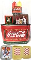 Vintage to Modern Retro COCA-COLA : Large 16" &times; 9.5" &times; 9" Tall Tin Tub Bucket, Condiment Caddy (Loose Handle), 2 Tins & 3 1975-1988 Olympics Trays Up To 10.75" &times; 14.75"