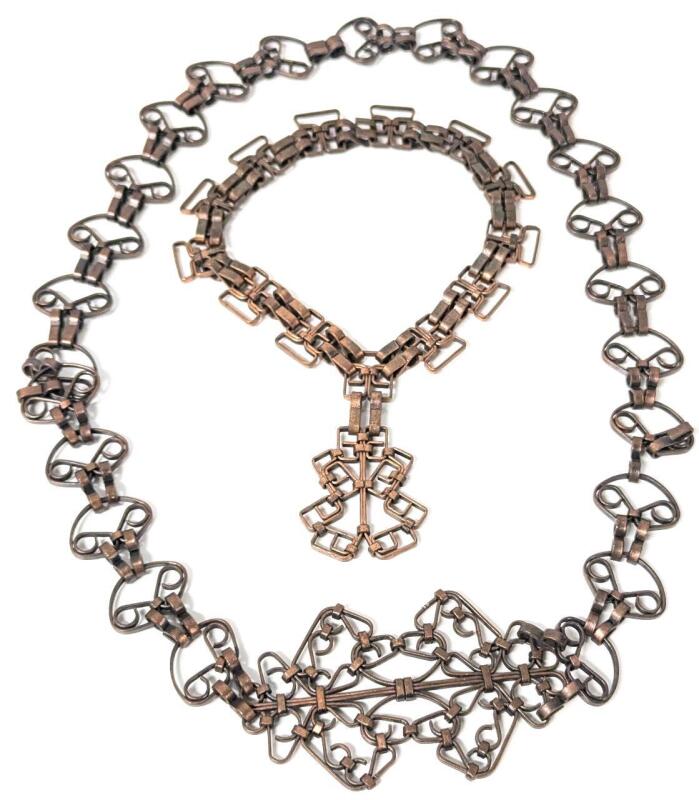 2 Gorgeous Very Substantial Brutalist Vintage Presumed Copper Chain Link Necklaces, 15" - 30" Long