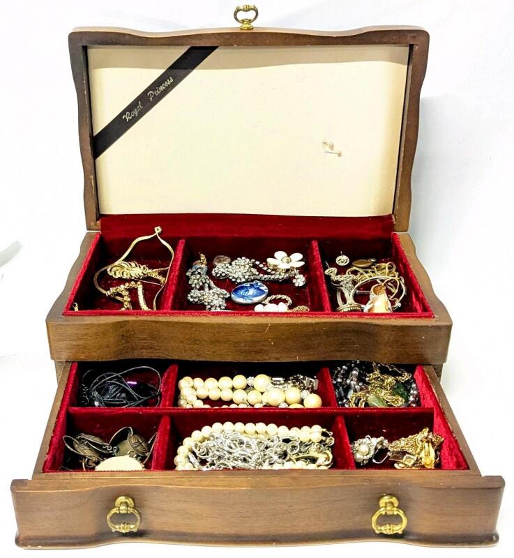 Vintage Wooden 2-Tier Jewelry Box With Contents, 4.25" YlTall