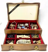 Vintage Wooden 2-Tier Jewelry Box With Contents, 4.25" YlTall