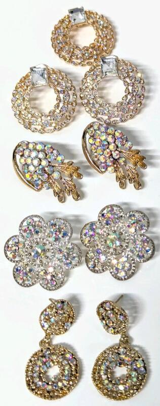 4 Pairs Vintage AB Aurora Borealis Rhinestone Pierced Earrings + Pendant / Scarf Loop