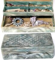 Vintage Commonwealth Plastics Marbled 2-Tier Jewelry Box With Contents, 2" Tall