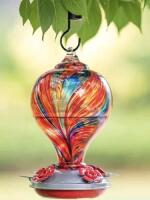 New Rezipo Hummingbird Feeder with Perch - Hand Blown Glass - 32 Fluid Ounces Hummingbird Nectar Capacity Including Hanging Wires and Moat Hook