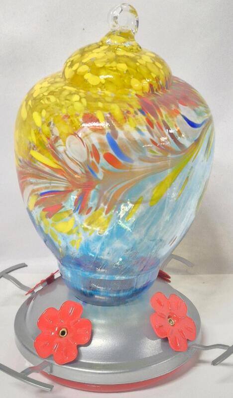New Rezipo Hummingbird Feeder with Perch - Hand Blown Glass - 32 Fluid Ounces Blue Hummingbird Nectar Capacity Including Hanging Wires and Moat Hook 9" Tall