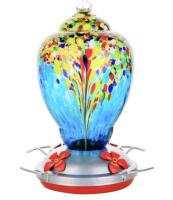 New Rezipo Hummingbird Feeder with Perch - Hand Blown Glass - 32 Fluid Ounces Blue Hummingbird Nectar Capacity Including Hanging Wires and Moat Hook