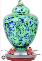 New Hummingbird Feeder with Perch - Hand Blown Glass - 32 Fluid Ounces Hummingbird Nectar Capacity Including Hanging Wires and Moat Hook