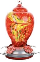 New Hummingbird Feeder with Perch - Hand Blown Glass - 32 Fluid Ounces Hummingbird Nectar Capacity Including Hanging Wires and Moat Hook