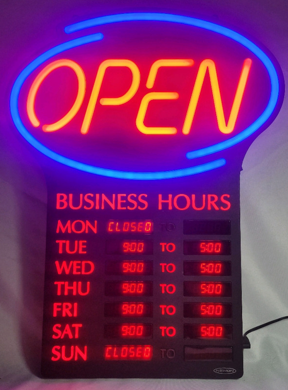 OPEN Electric Sign w/Light-Up Business Hours , 19.5"×25" - pre-owned , working