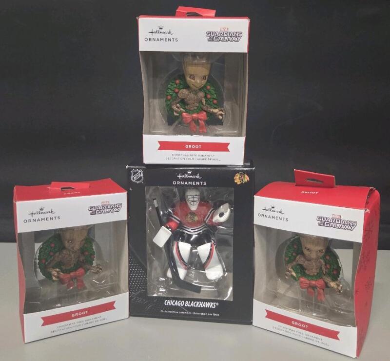 4 New HallMark Ornaments 3 Marvel Guardians Of The Galaxy Groot and Chicago Blackhawks