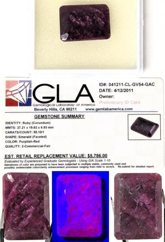 Large Ruby (Corundum) Faceted Emerald-Cut, 27.21 &times; 19.62 &times; 6.93mm, 55.10/1 cts, Purplish Red, Quality: 2 Commercial-Fair, 10+ Year Old Appraisal, Replacement Value $5,786 At That Time