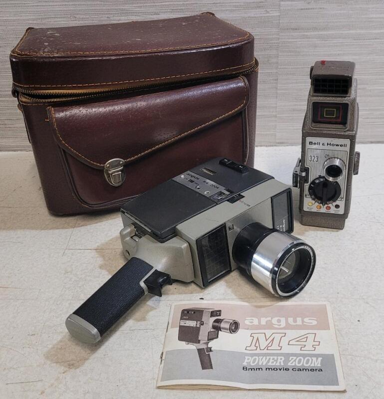 Vintage Bell & Howell 323 Sun Dial 8mm Movie Camera & Argus M4 Power Zoom 8mm Movie Camera with Bag . Both Untested .
