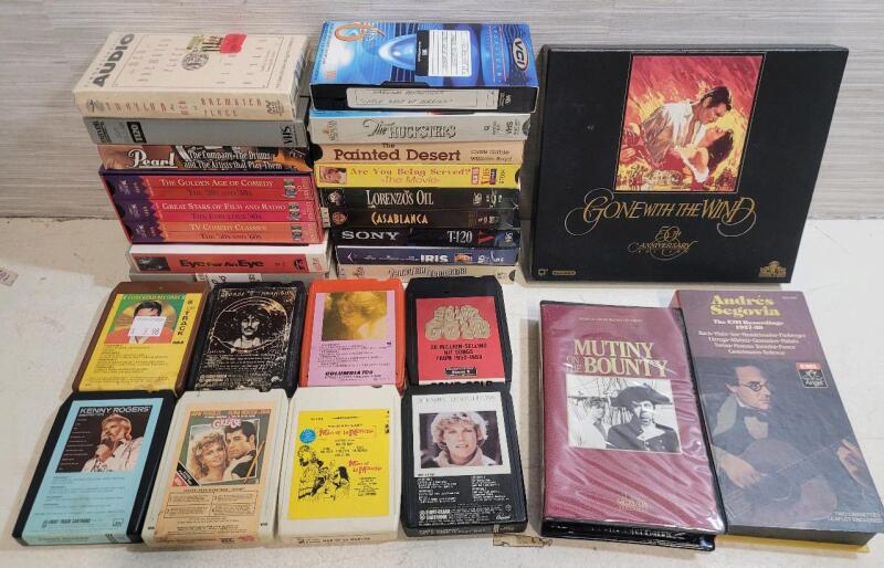 VHS , 8-Tracks & Cassettes Lot . Includes 50th. Anniv. Gone with the Wind VHS . See photos