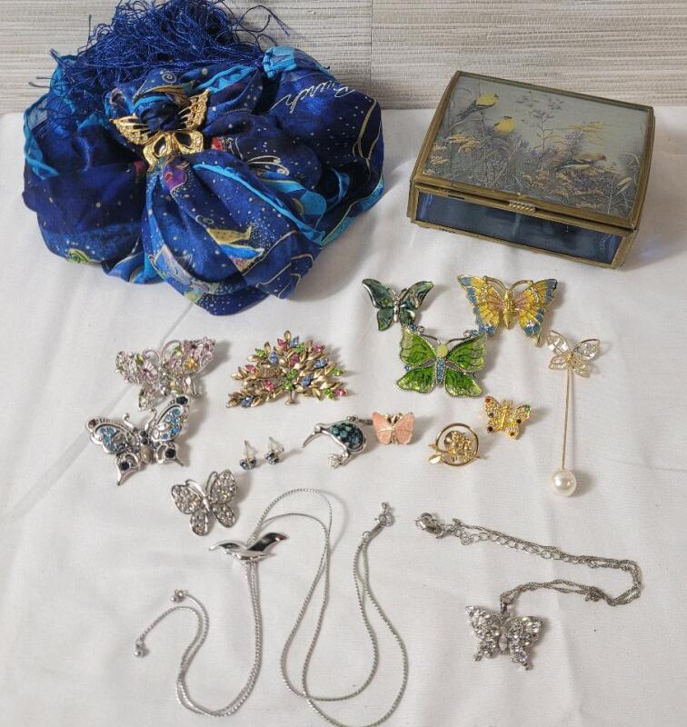 Vintage Brass & Glass Jewelry Box with Butterfly and Bird Jewelry