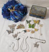 Vintage Brass & Glass Jewelry Box with Butterfly and Bird Jewelry