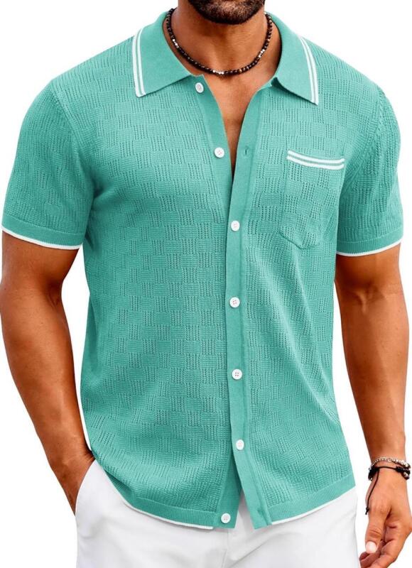 New COOFANDY Men&rsquo;s XL Knit Button Down Short Sleeve Polo Shirt &ndash; Ceramic Green