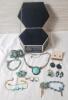 Black Glass Jewelry Box with Assorted Jewelry . Rings , Brooches , Bracelets , Necklaces . - 6