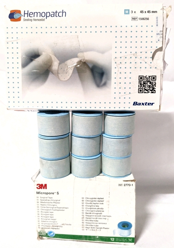 New Health Supplies: 9 Rolls of 3M Micropore S Surgical Tape &:1 box of 3 45mm x 45mm Baxter Hemopatch Sealing Hemostat.