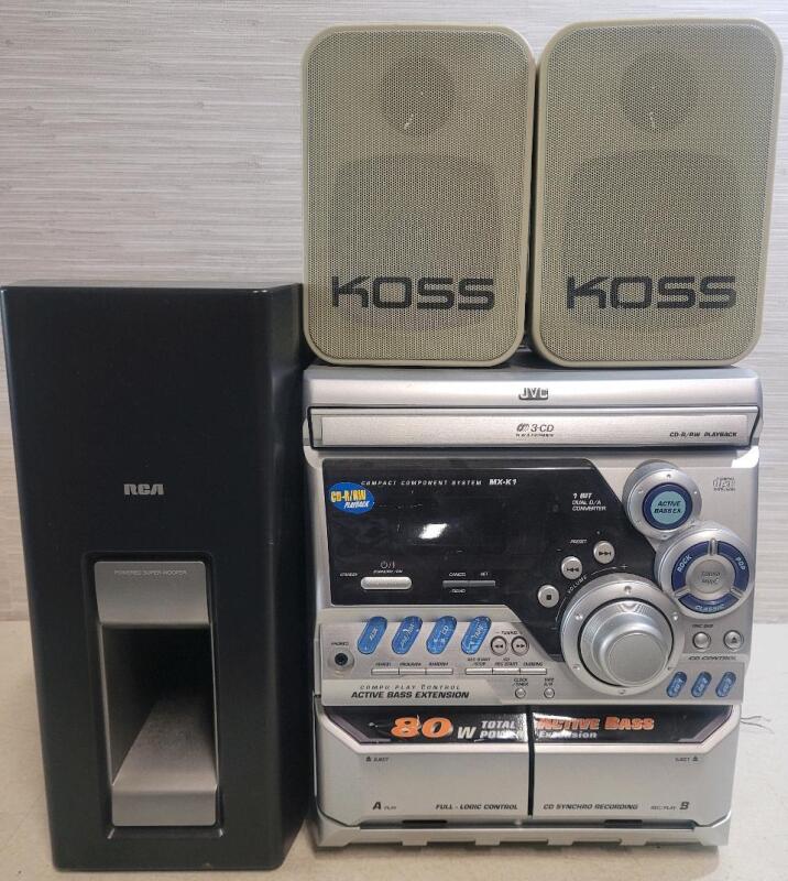 JVC 3-CD Bookshelf Stereo with KOSS Speakers & RCA Bass Box . Tested Powers Up , Not Tested Beyond Power Up
