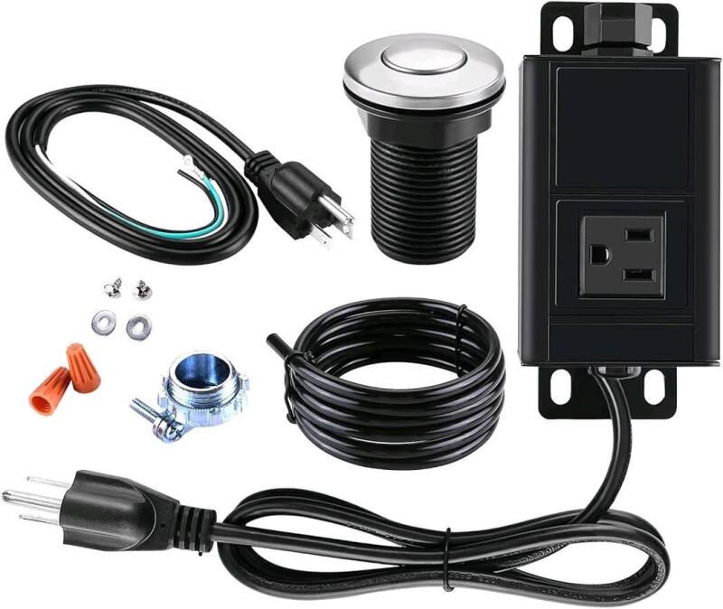 New HK Garbage Disposal Air Switch Kit with Power Cord Kit, Sink Top Waste Disposer Stainless Steel On/Off Push 2.5" Button, Aluminum Alloy Power Module, Food Waste Disposals Replacement Parts, HK0341L5 + HK0363US + HK0347