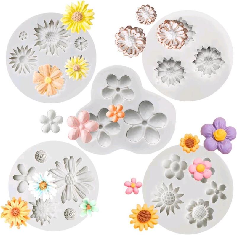 New KALAIEN 5 Pieces Fiower Fondant Cake Molds Fondant Silicone Mold Daisy Flower, Rose Flower, Chrysanthemum Flower Candy Silicone Molds Set for Chocolate, Designs Up To 2" Across