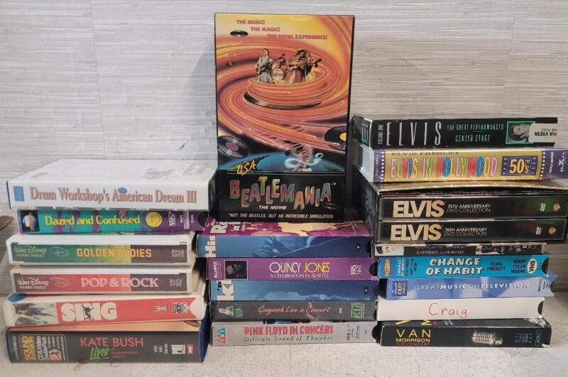 Music DVDs , VHS & Betamax Movies & Concerts . Elvis , Pink Floyd , Van Morrison , Beatles , Kate Bush plus more