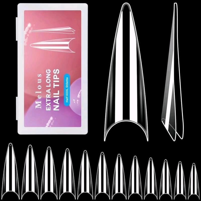New Melous Half XXXL Stiletto Nail Tips, Melous 600 PCS Full Cover Stright Clear False Nail Tips Gel x Nail Tips