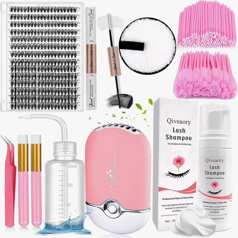 New Qiveaory Lash Extension Kit DIY Individual Lash Clusters (280Pcs 40D Mix 12-18mm) with Lash Bond and Seal USB Portable Lash Fan 150ml/5.07fl.oz Lash Shampoo Tweezers Applicator Mascara Brush