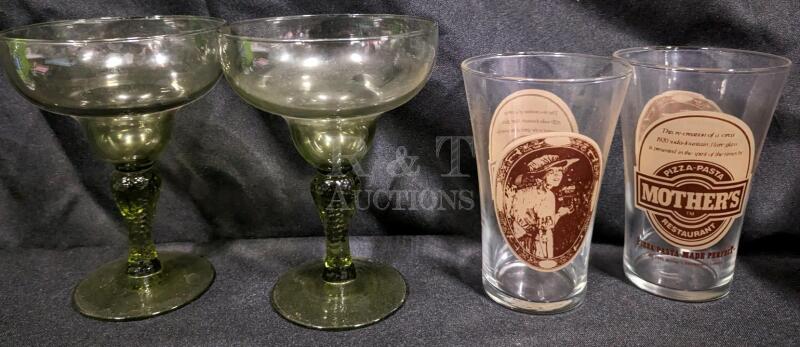 2 vintage Mothers pizza glasses & 2 Margarita glasses