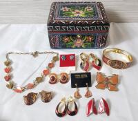Hand Painted Keepsake Box with Cloisonne & Enamel Jewelry . Necklace , Earrings , Brooch , Bracelet. Butterfly Logo and Sterling Silver Pieces