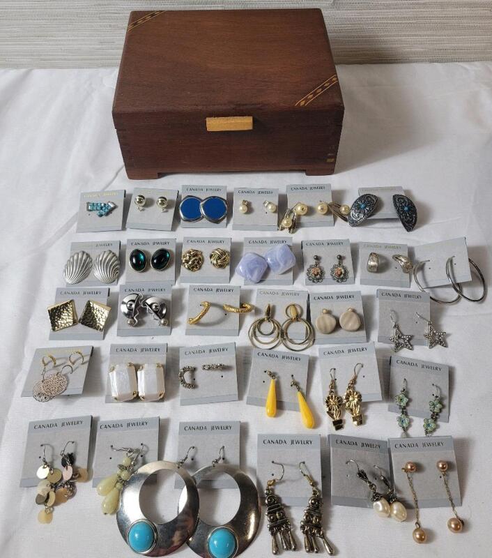Large Lot Vintage Canada Jewelry Earrings (30 Pairs) + Wooden Box, Mixed Styles